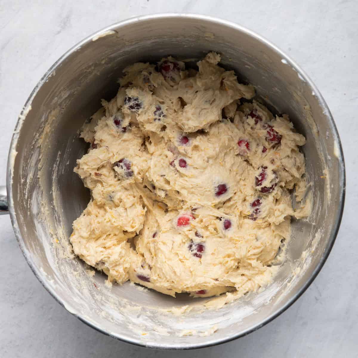 Cranberries and almonds folded in.