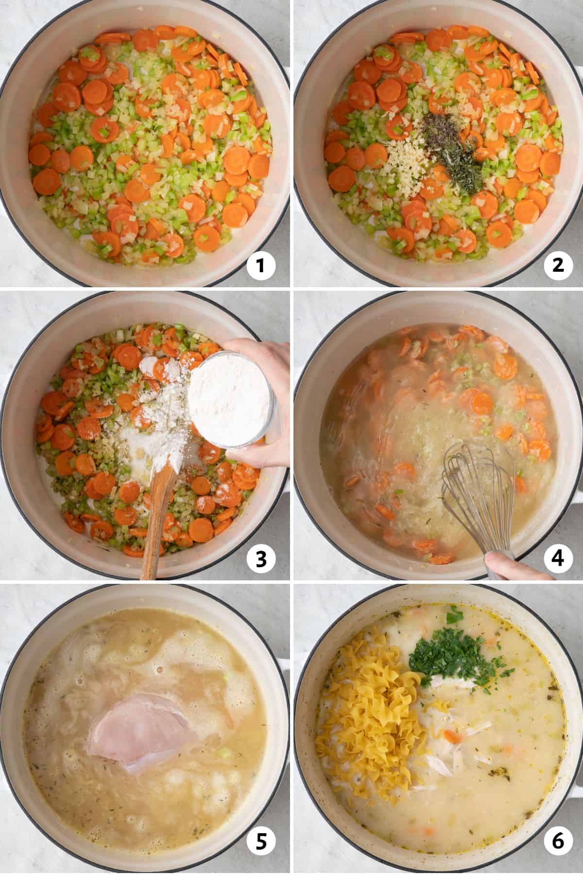 6 image collage making soup in one pot: 1- cooked onions, celery and carrots in dutch oven, 2- herbs and garlic added, 3- flour sprinkled over veggies with a wooden spoon stirring, 4-liquid being whisked, chicken breast added, chicken shredded and added back with egg noodles and parsley.