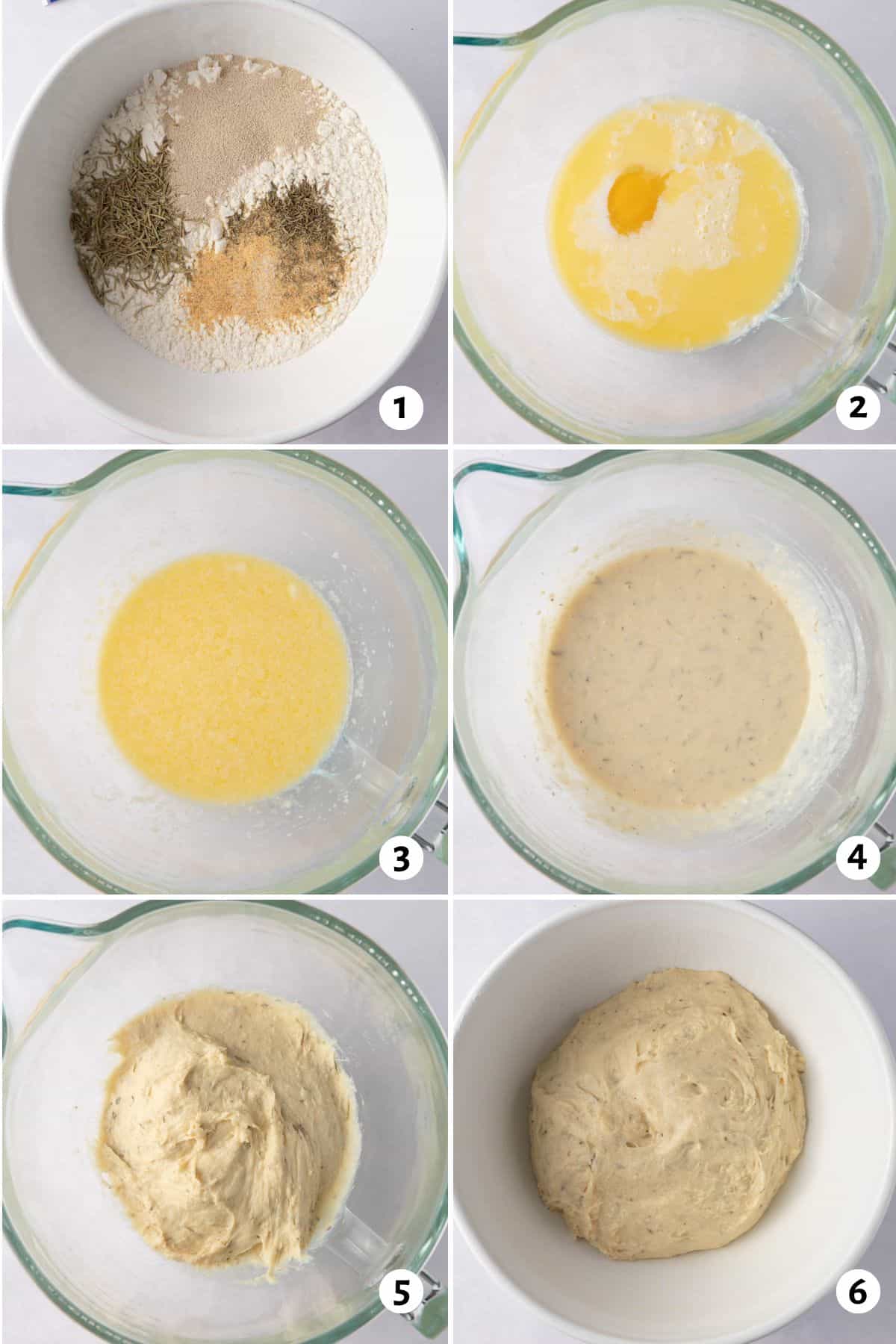 6 image collage mixing bread dough in one bowl: add dry ingredients to a bowl, add wet ingredients to a stand mixer bowl, combine half dry to the wet ingredients, add remaing dry ingredients, combine dough completely, and dough after rise.