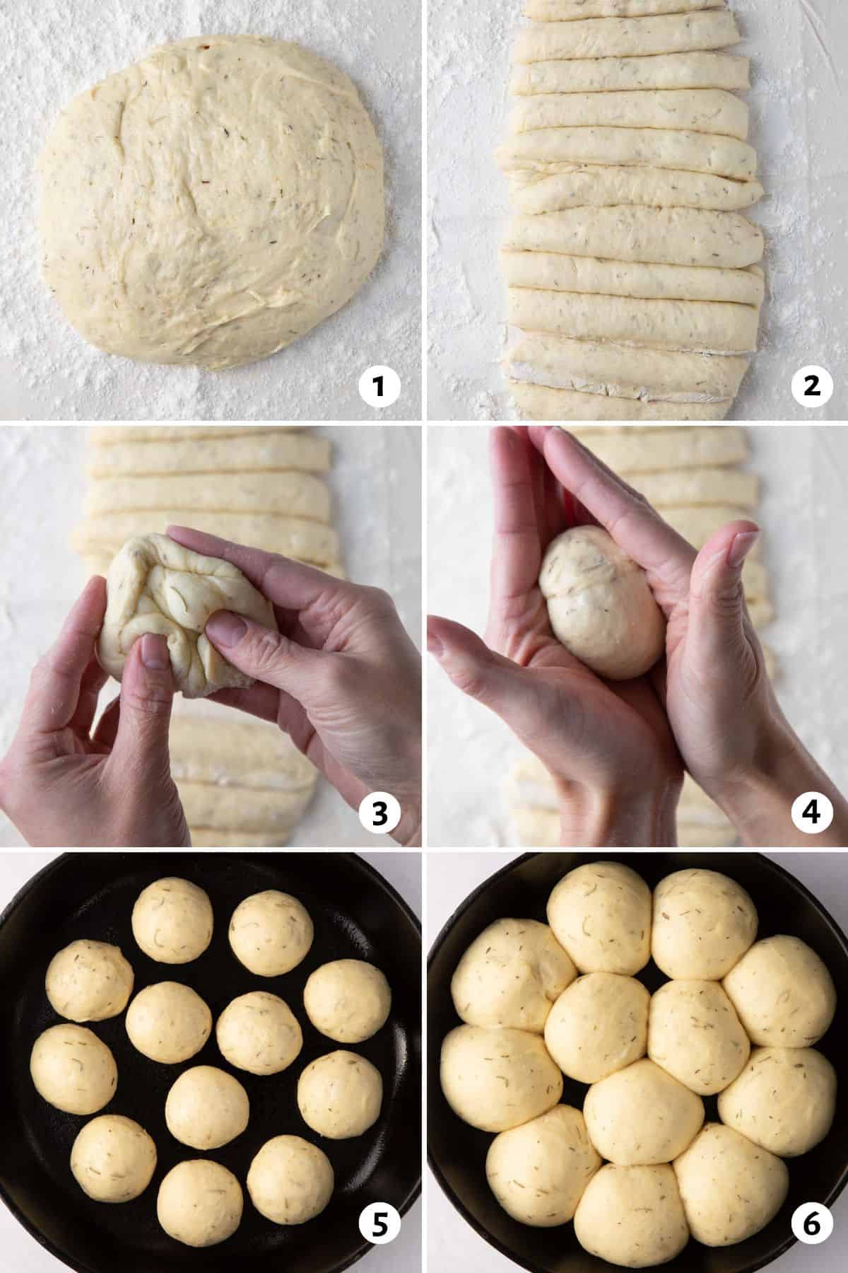 6 image collage preparing dough for baking: set dough on floured surface, cut into even pieces, fold and pinch dough inwards, form into a ball, place in a greased skillet, and then after rise.