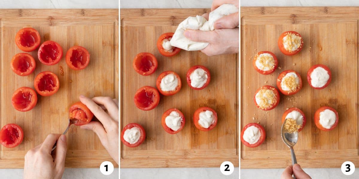 3 image collage preparing tomatoes by scooping out the insides, filling with soft cheeses, and topping with toasted panko.