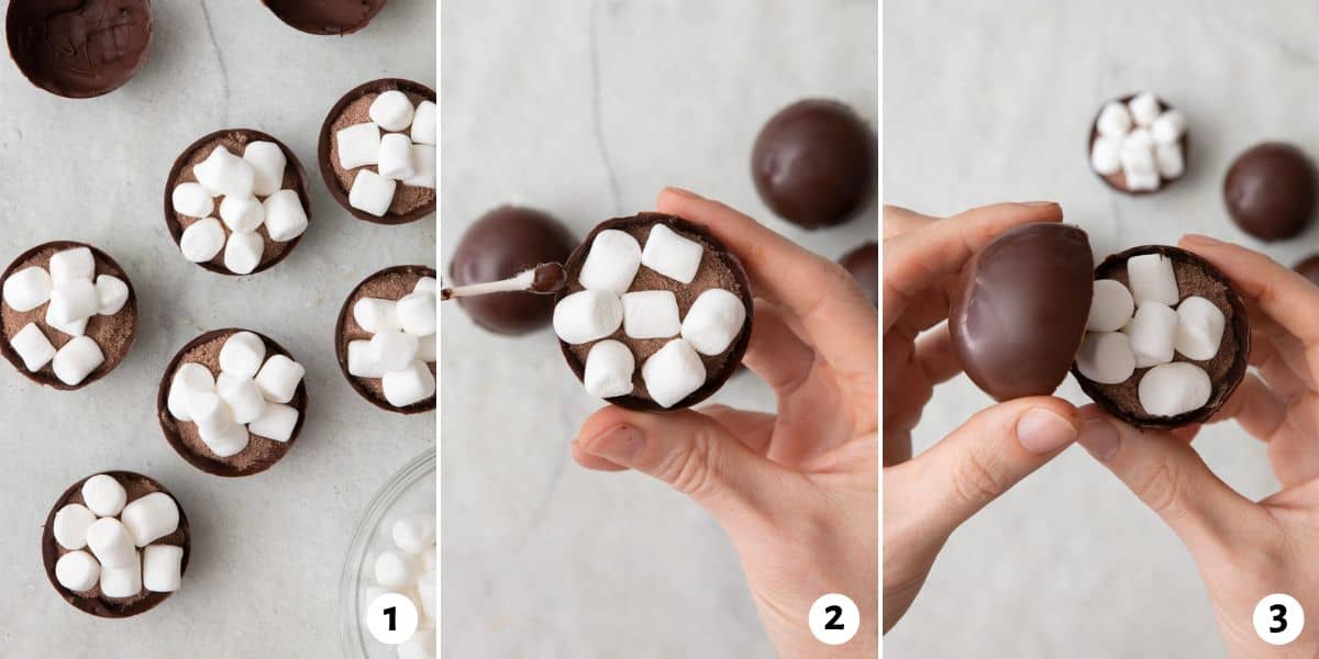 3 image collage preparing bombs for closing: 1, 6 dome molds filled with cocoa mix and marshmallows, 2 toothpick adding chocolate to rim, and 3 hands holding on to each half started to seal it close.