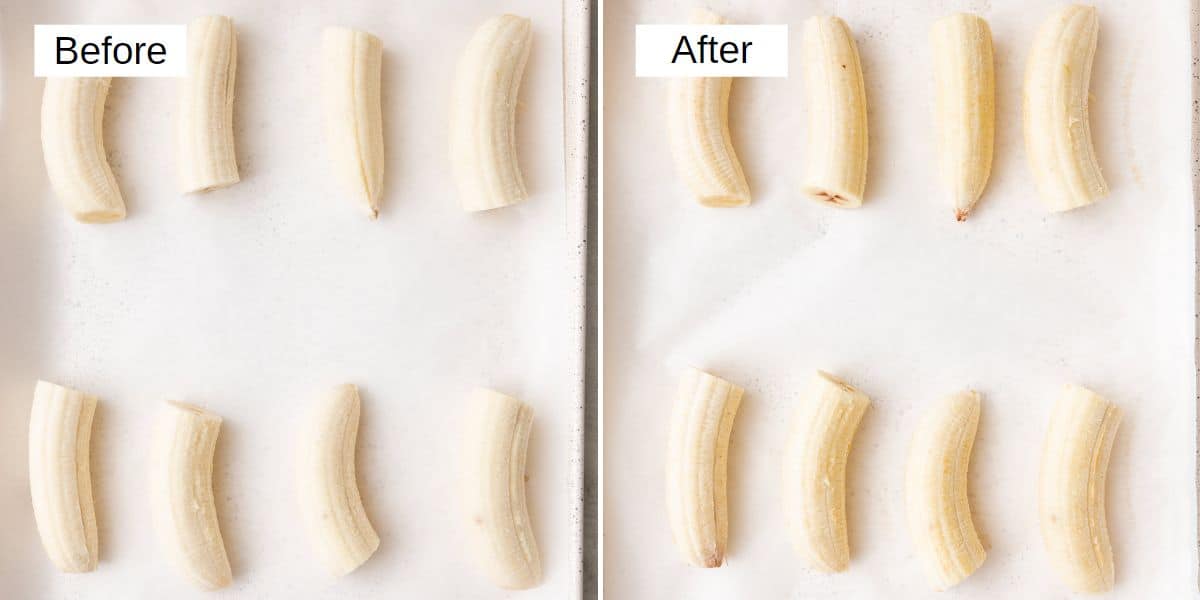 2 image collage showing halves on parchment lined baking sheet before and after freezing.