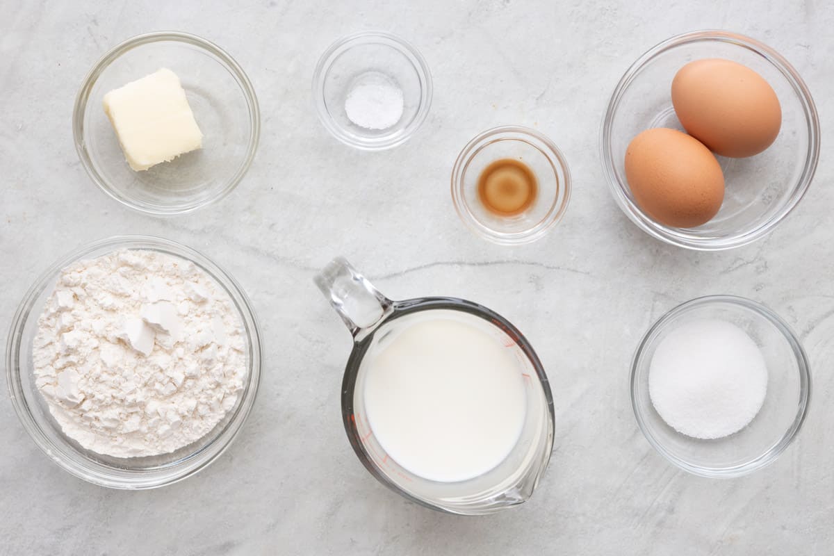 Ingredients for recipe: butter, flour, salt, vanilla, eggs, and sugar.