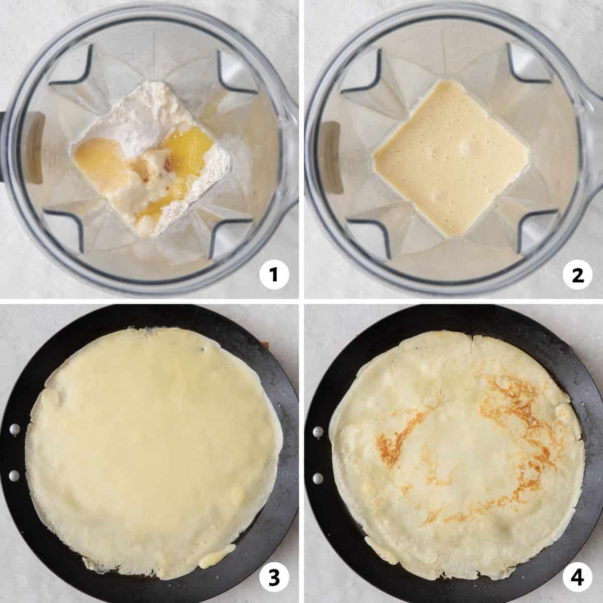 4 image collage preparing and cooking recipe: ingredients in blender, after mixed, batter in pan cooking, crepe after flipping.