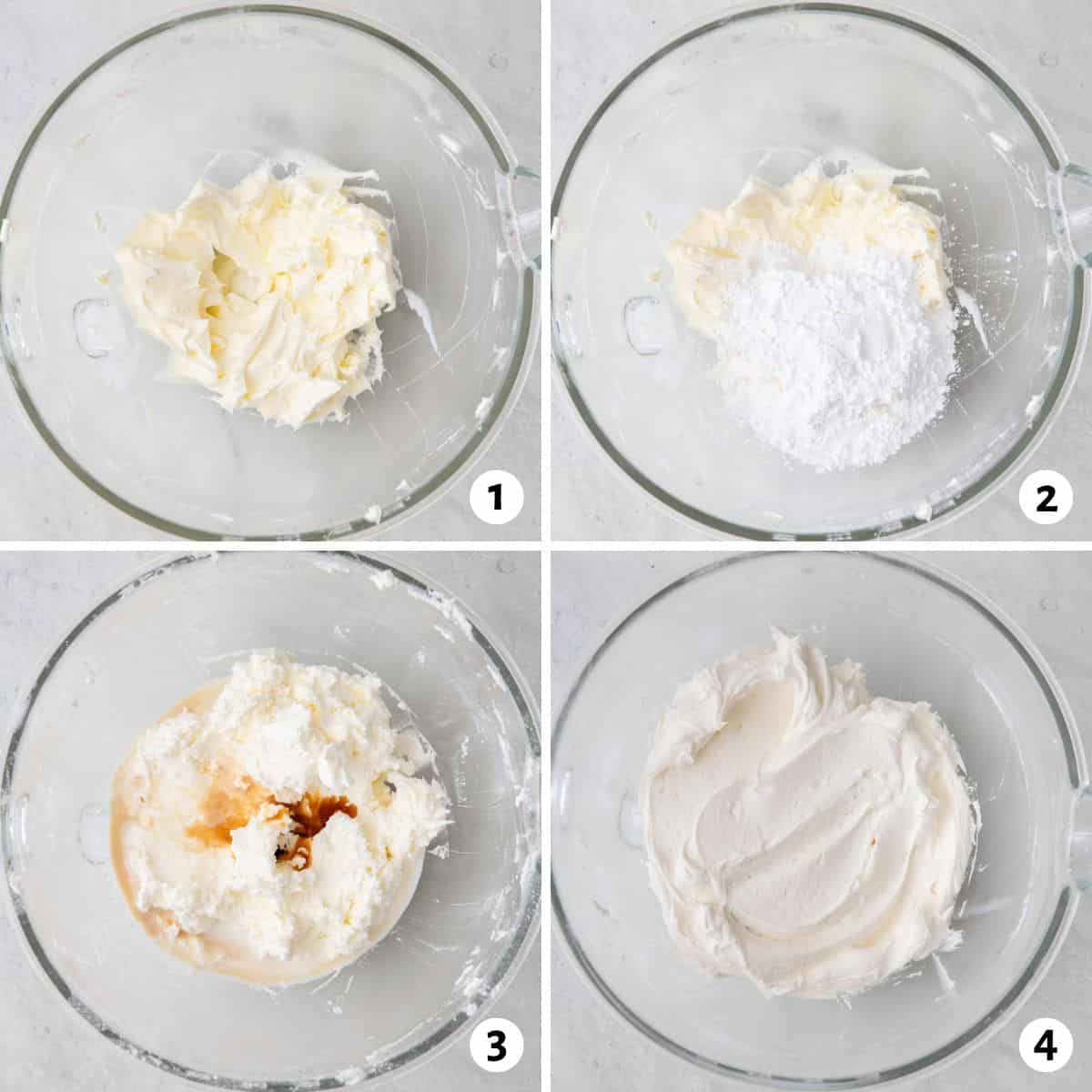 4 image collage making recipe in bowl of stand mixer: 1- cream butter, 2- add sugar, 3- add vanilla and milk, and 4- creamy frosting.