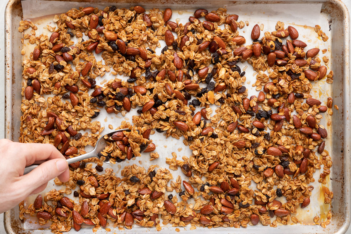 Granola after baking on a sheet pan lined with parchment paper and a hand holding a spoon scooping some of it up.