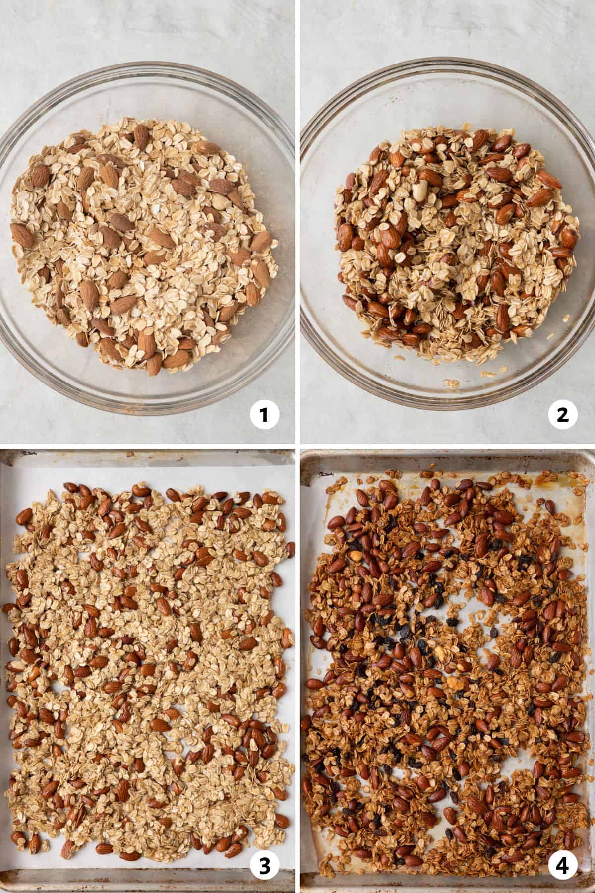 4 image collage mixing together recipe in a bowl and then showing before and after baking on a baking sheet.