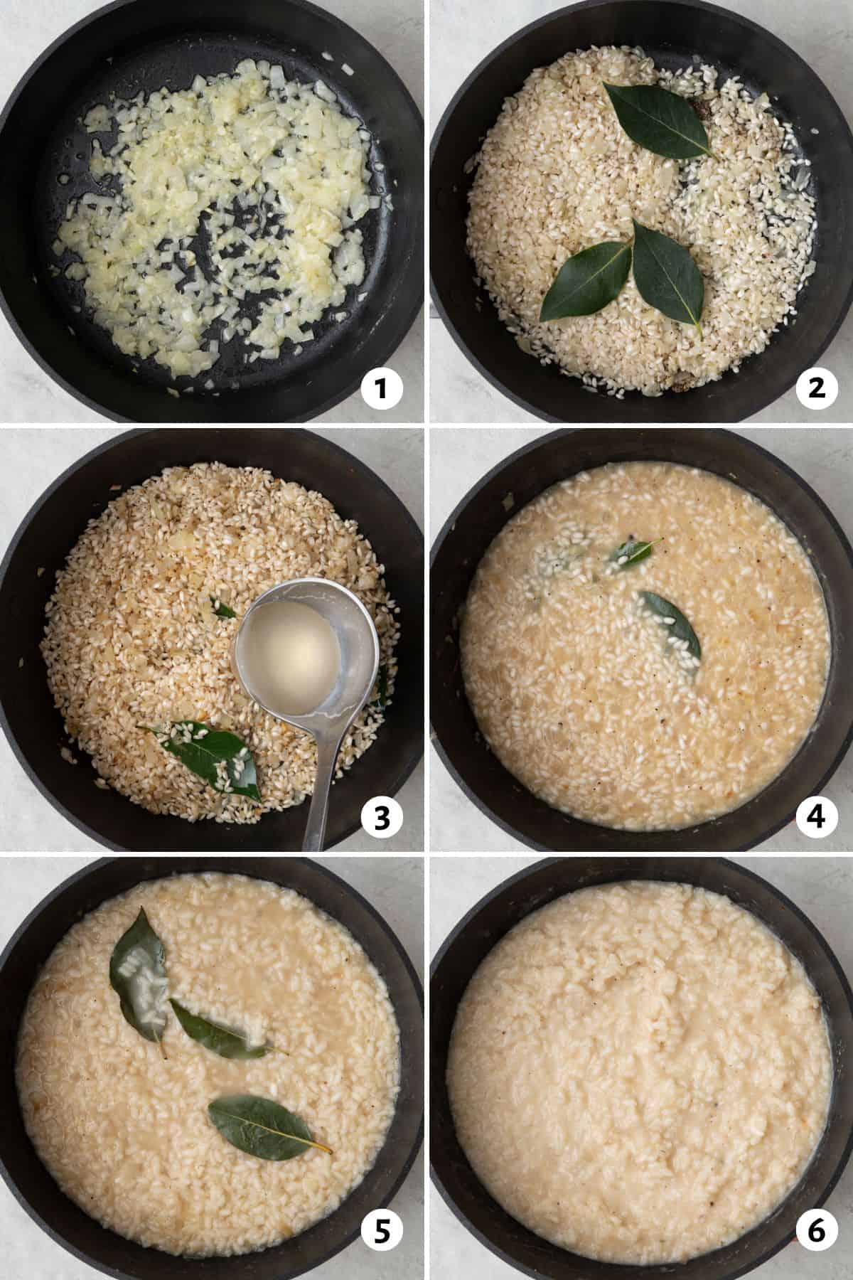 6 image collage making recipe in pan by sauteeing onion and garlic, adding rice and bay leaves, ladling in broth, rice after liquid added, rice after more liquid added, rice after cooked and creamy.