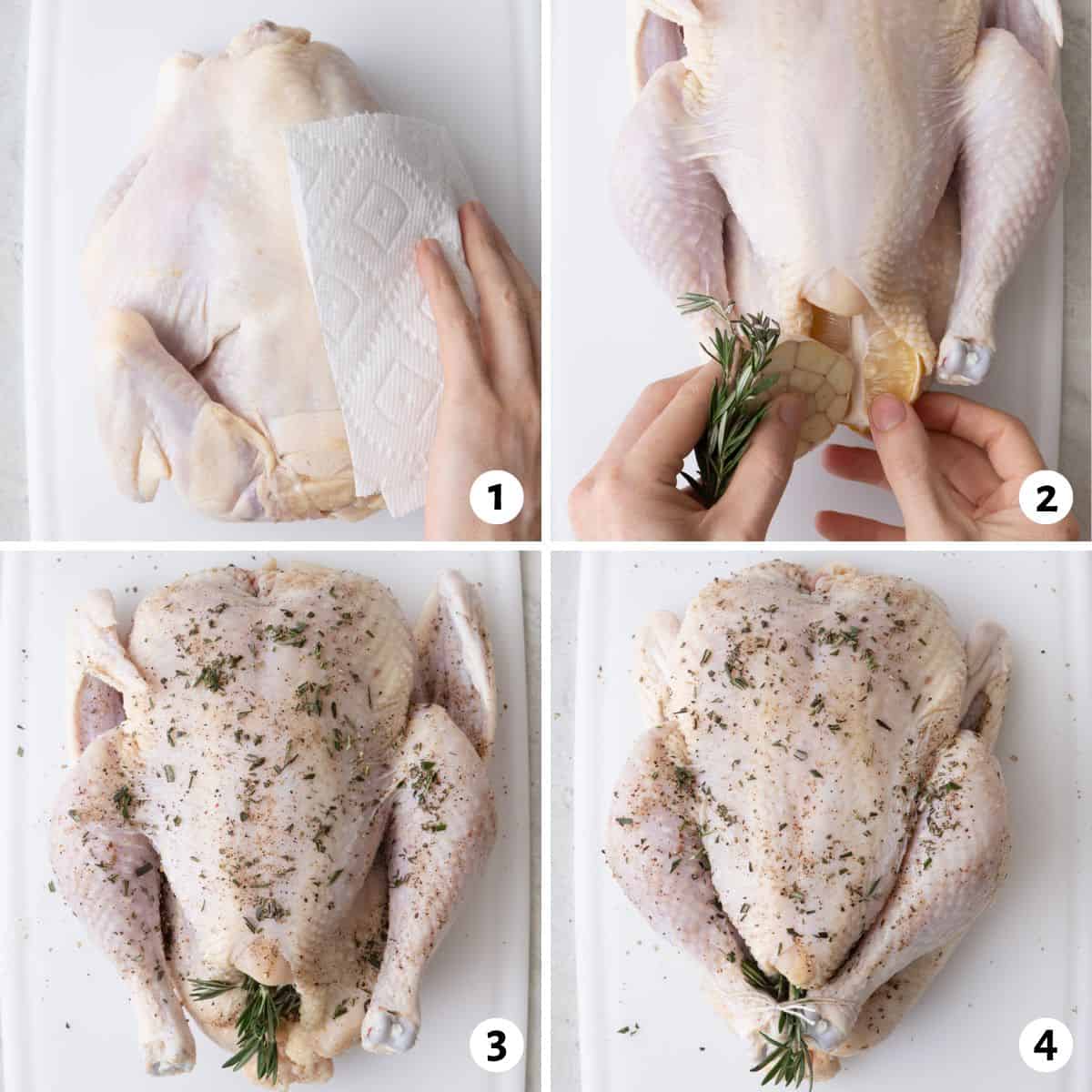 4 image collage preparing whole chicken on a cutting board: 1- patting dry with paper towels, 2- adding rosemary, garlic, and lemon to the cavity, 3- salt, pepper and rosemary added to skin, 4- legs tied with twine and wings tucked.