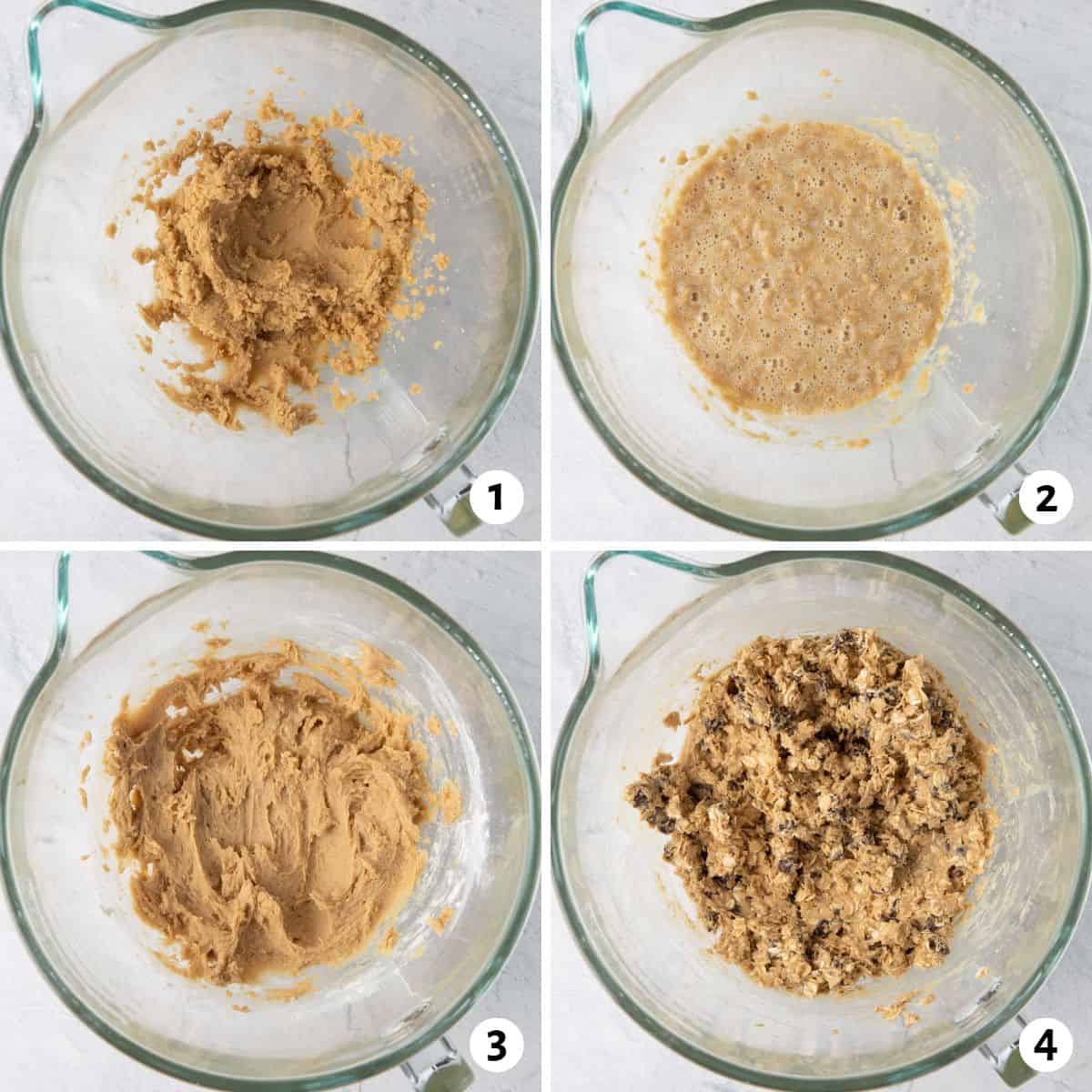 4 image collage preparing cookie dough in one bowl.