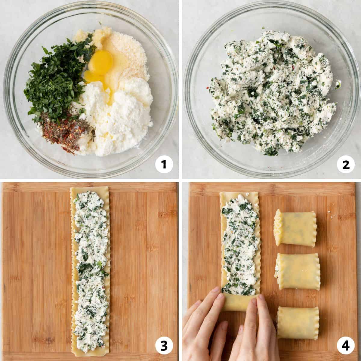 4 image collage preparing recipe: 1- filling ingredient in bowl before being mixed, 2- after being mixed, 3- lasagne noodle on cutting board with filling spread on, 4- hand roll up noodle with filling with 3 more rolls nearby.