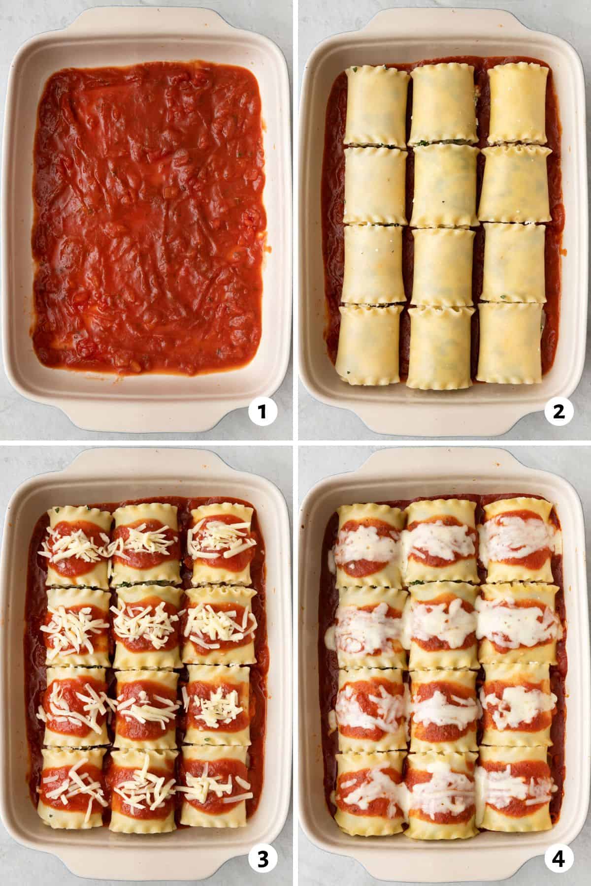 4 image collage adding recipe to rectangle baking dish: 1- add sauce to bottom of dish, 2- add roll ups on top 3 wide, 4 long, 3- top with more sauce and shredded cheese, 4- recipe after baking showing melted cheese.