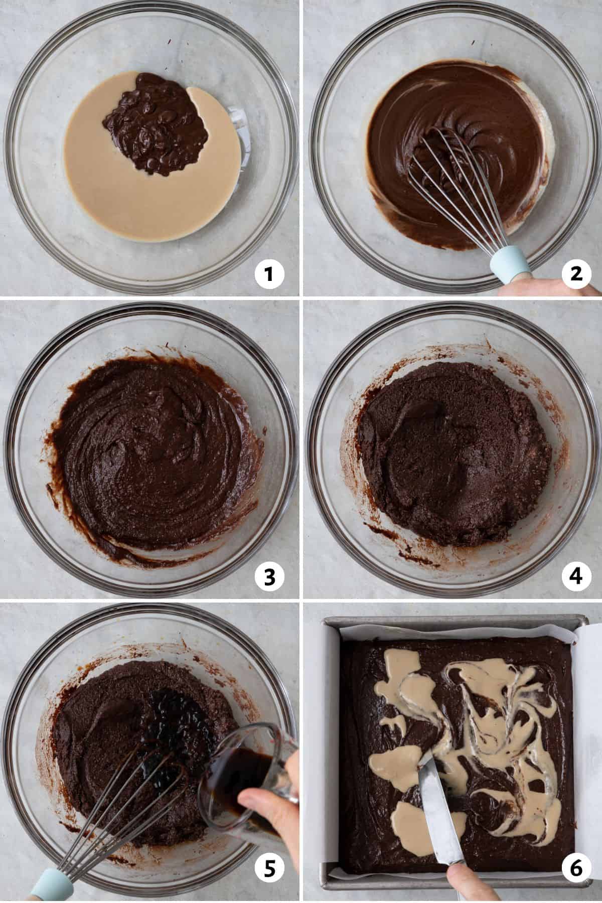 6 image collage mixing batter in one bowl: 1- tahini and melted chocolate chips, 2- whisking until smooth, 3-after sugar, eggs, and vanilla combined, 4- after dry ingredients incorporated, 5- whisking in coffee, and 6- batter in baking pan with a knife swirling in tahini.