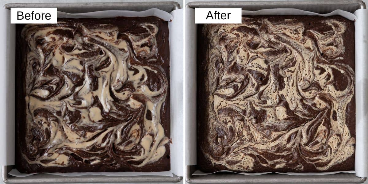 2 image collage of batter in a square baking pan lined with parchment paper before and after baking.