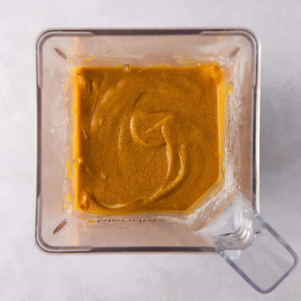 The vegan pumpkin pie filling after blending in a blender.
