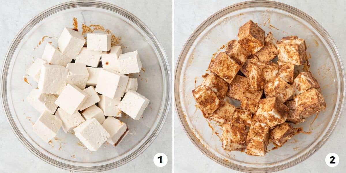 2 image collage with a bowl of pressed tofu with seasoning and sauce added before tossed and tofu after tossed with mixture.