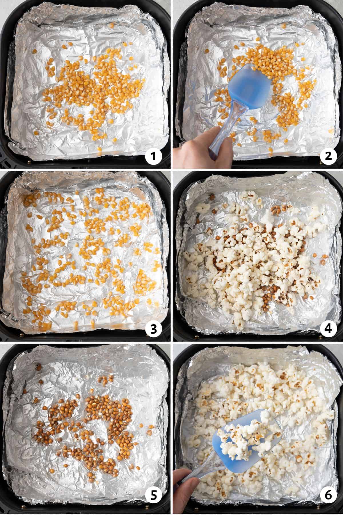 6 image collage making recipe in a foil lined air fryer basket: 1- kernals added with oil, 2- spoon tossing the oil and kernals, 3- popcorn kernels spread evenly on bottom of basket, 4-halfway through popping to show some popped and some not, 5- popped kernals removed with partially cooked left behind, 6- spoon removing remaining popcorn after cooking.