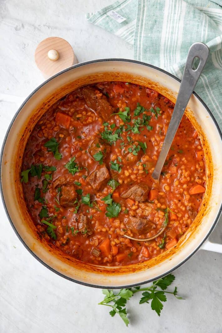 Pot of beef barley soup garnished with parsley with a ladle dipped in.