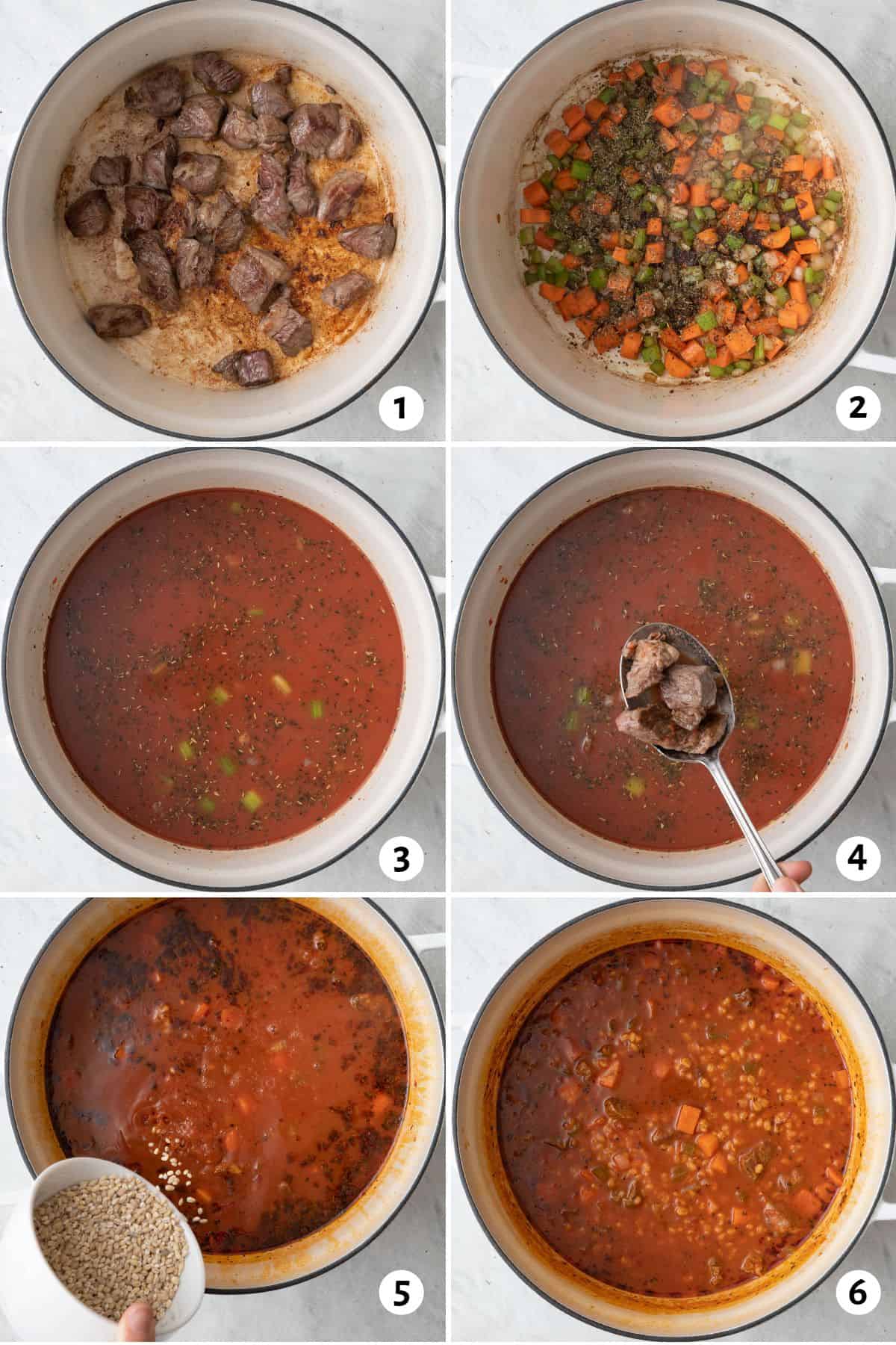 6 image collage making recipe in one pot: 1-cooked beef in large dutch oven after cooked, 2- veggies cooked with seasoning added, 3- liquids added, 4- beef returned to pot, 5- pearl barley being poured into soup, 6- soup after barley has cooked.