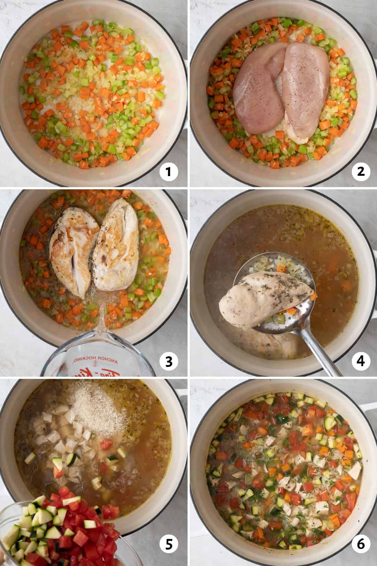 6 image collage making soup in one pot: 1- cooked onions, carrots, celery and garlic, 2- two chicken breast nestled in center of cooked veggies, 3- water being poured in, 4- ladle scooping out cooked chicken, 5- chicken, rice, and chopped vegetables added to soup, 6- soup after cooked.
