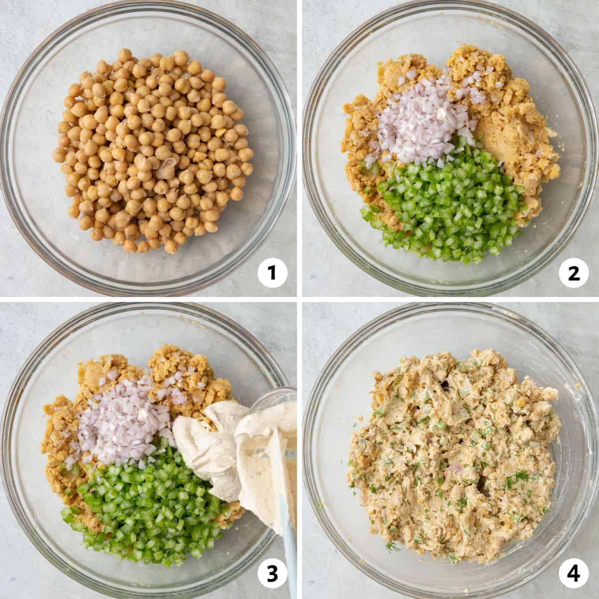 4 image collage making recipe in bowl: 1- chickpeas in bowl, 2- mashed chickpeas with celery and shallots added on top, 3- dressing being poured on top, 4- everything mixed together.
