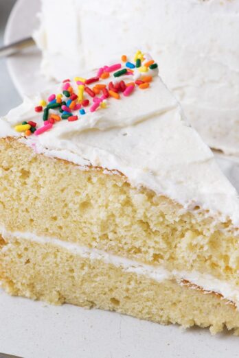 Slice of the cake on plate with fork.