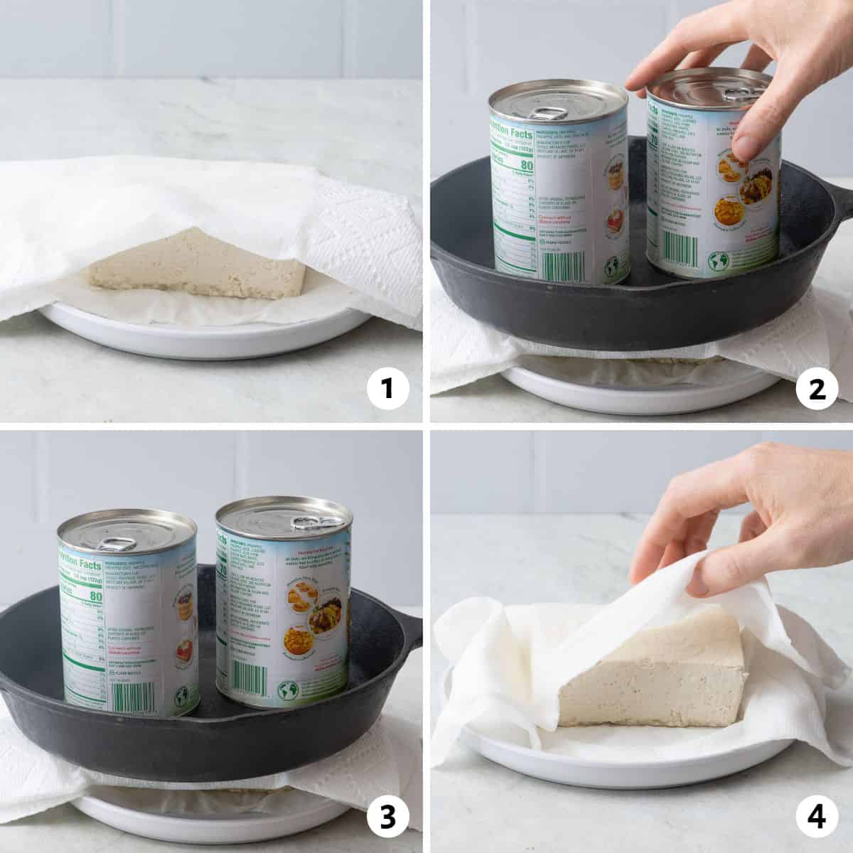 4 image collage preparing recipe: 1- tofu between two paper towels on a shallow plate, 2- cast iron ontop of paper towel covered tofu with 2 cans being added, 3- pan with cans on top of tofu left to sit and press it, 4- hand lifting up paper towel to show pressed tofu.