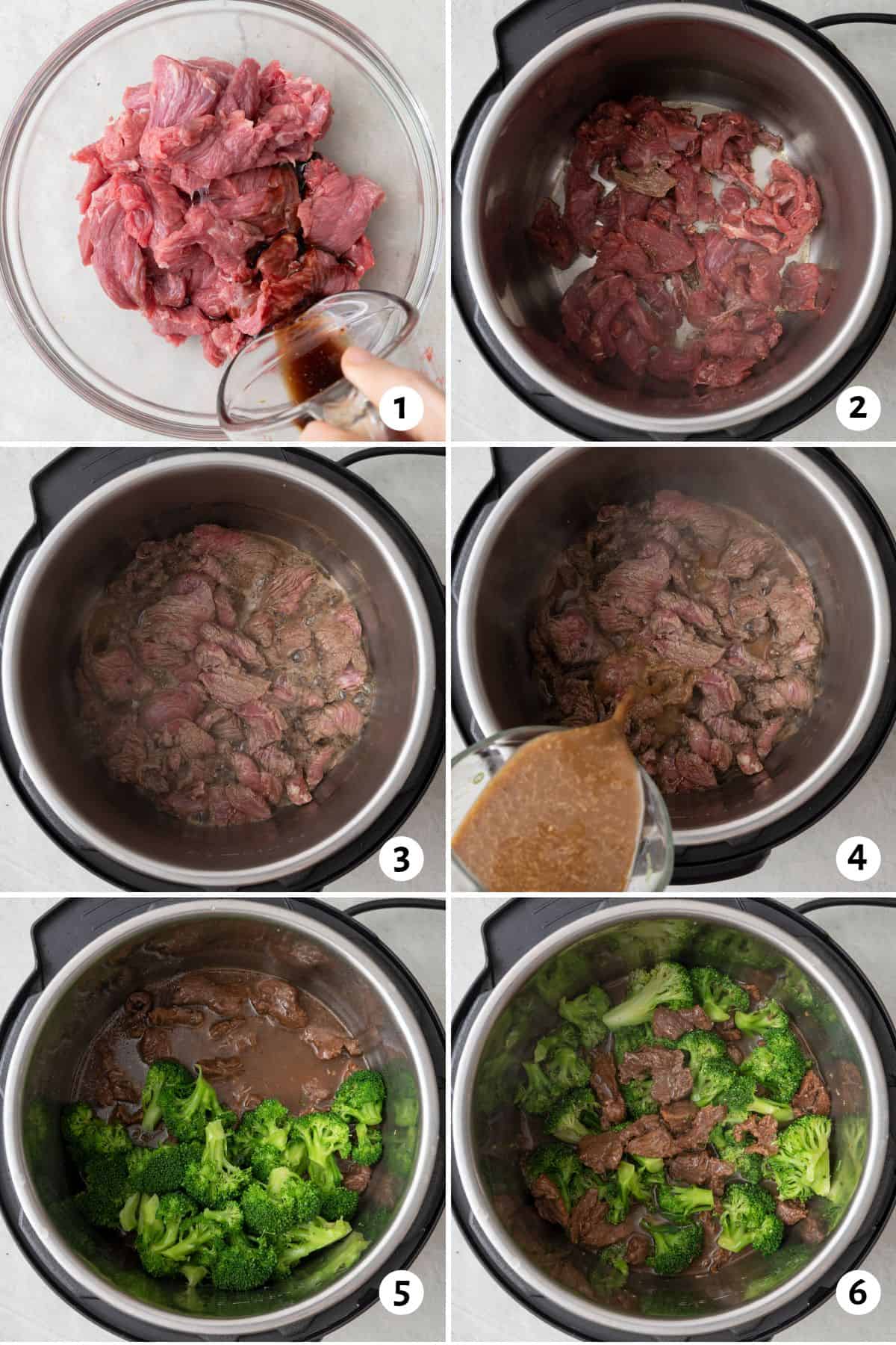 6 image collage making recipe in instant pot: 1- marinade being poured over uncooked beef cubes in bowl, 2- beef added to instant pot, 3- beef after mostly cooked, 4- sauce poured over, 5- cooked broccoli added, and 5- beef and broccoli combined.