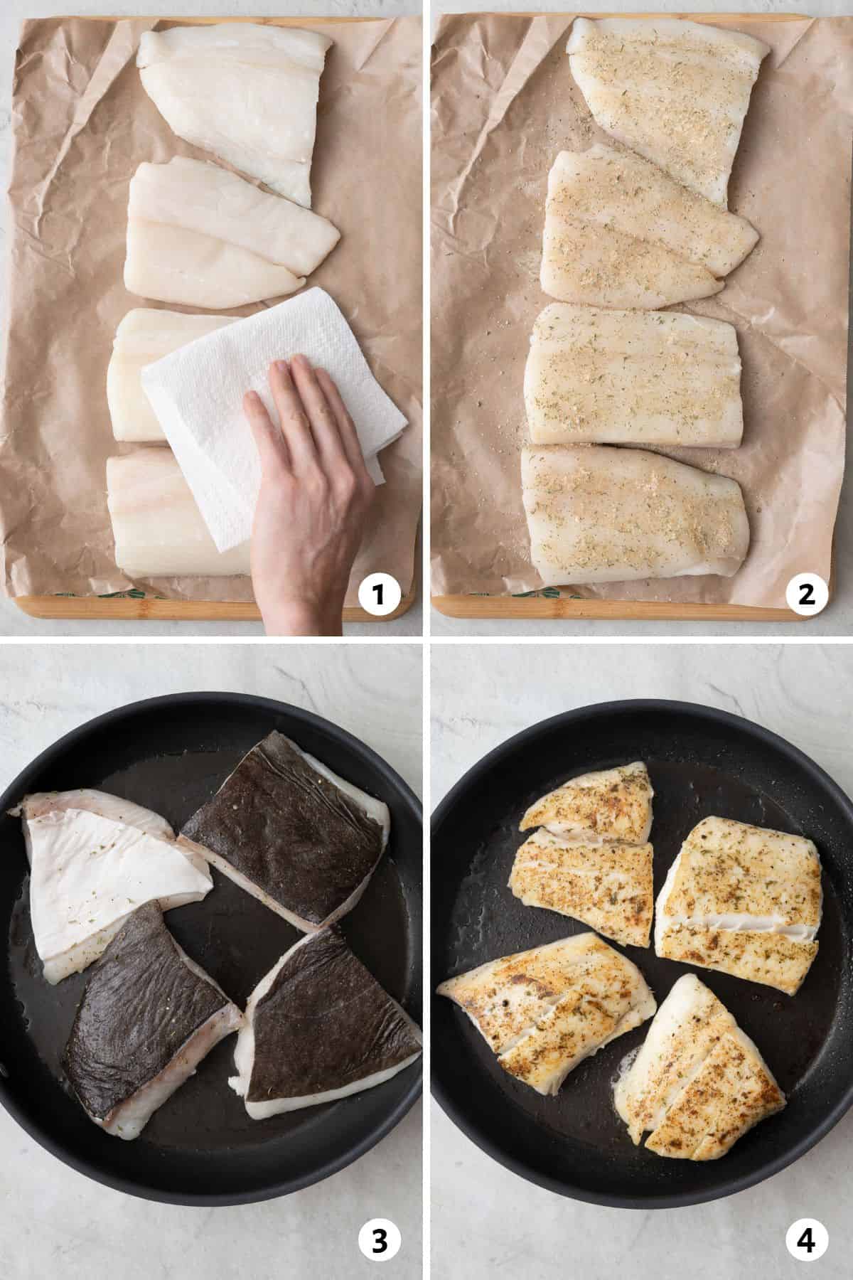 4 image collage making recipe: 1- pat fish dry with paper towel, 2- seasoning added to fillets, 3- fish skin side up in skillet, 4- halibut after flipped on skillet.