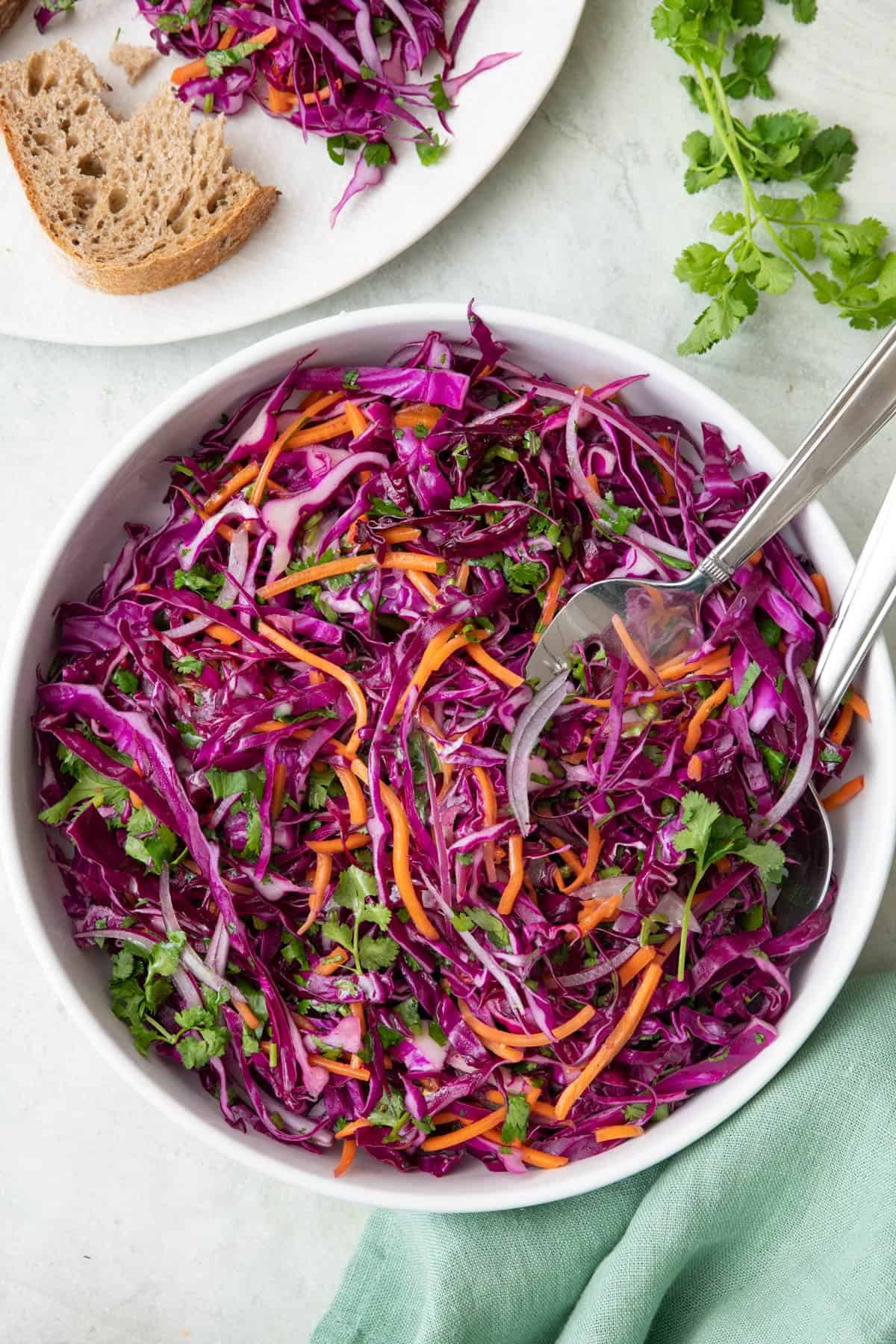 Large bowl of red cabbage slaw with serving set dipped inside.