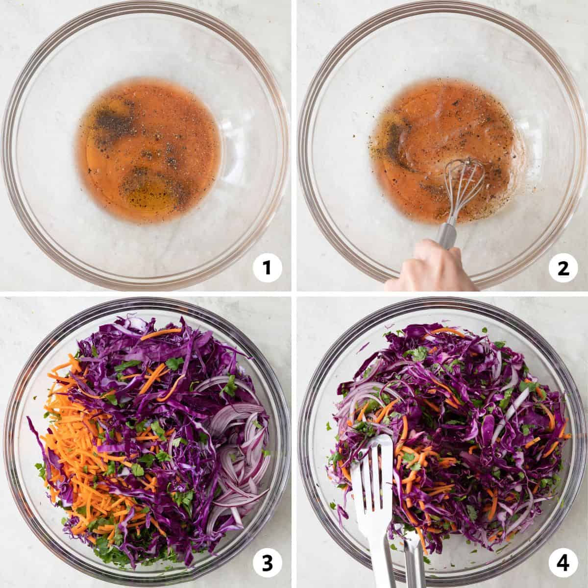 4 image collage making recipe in one bowl: 1- dressing ingredients in bowl, 2- whisking dressing, 3- cabbage, carrots, onions, and cilantro added on top, 4- tongs tossing slaw to combine.