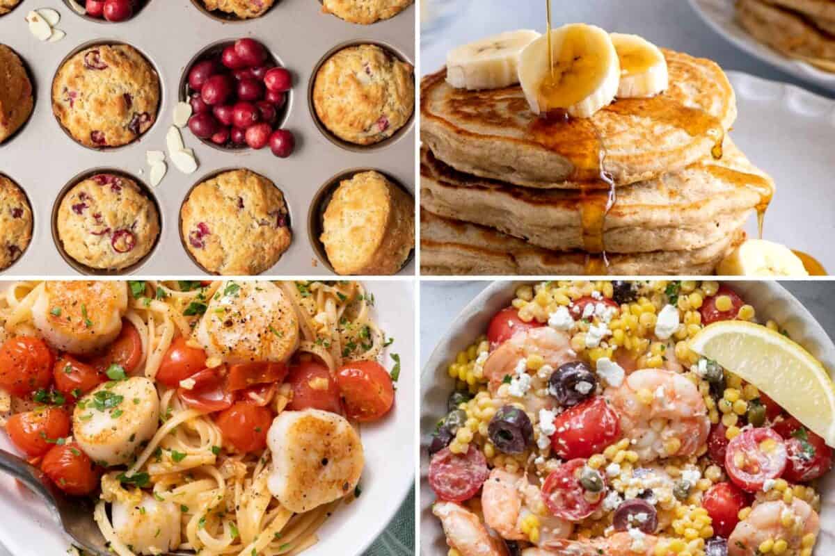 4 image collage of breakfast and dinner recipes.