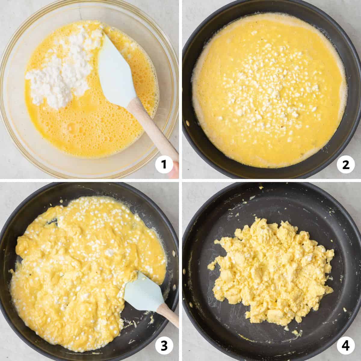 4 image collage making recipe in pan: 1- bowl of mixed eggs with cottage cheese being stirred in with spatula, 2- recipe in pan, 3- eggs slightly cooked with spatula pushed the edge towards the center, 4- eggs after cooked and scrambled.