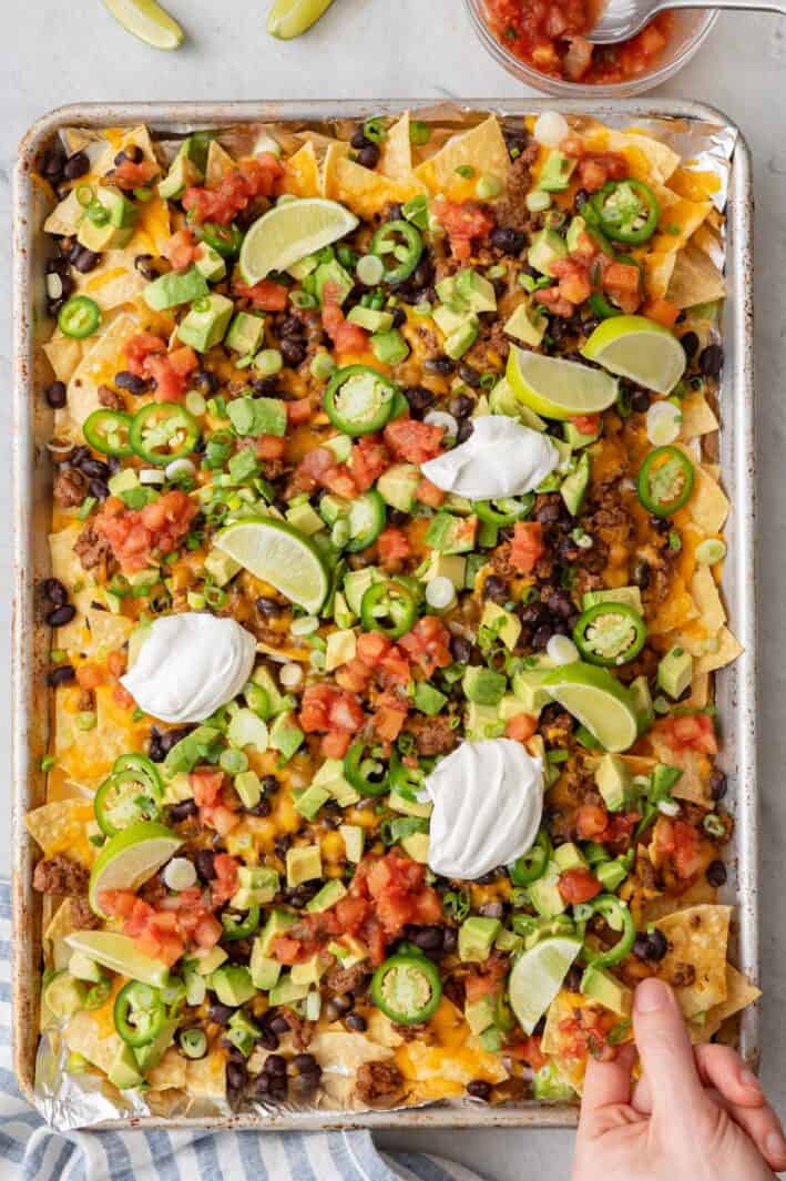 Sheet Pan Nachos {Ground Beef & Beans} - Feel Good Foodie