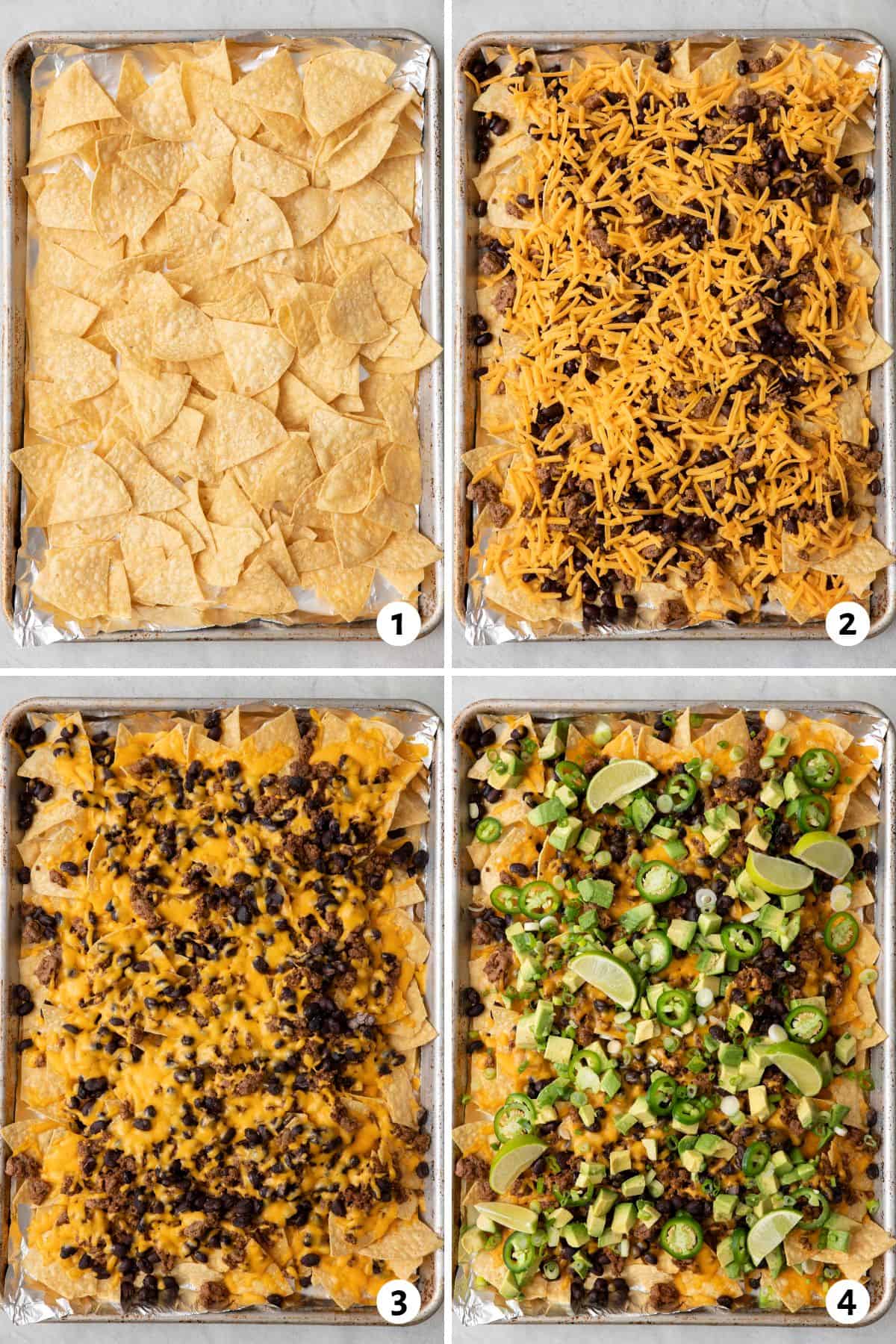 4 image collage making recipe on sheet pan: 1- spread out chips evenly, 2- beef, beans, and cheese added on top, 3- nachos after baking, 4- topped with scallions, jalapenos, avocado, and lime wedges.
