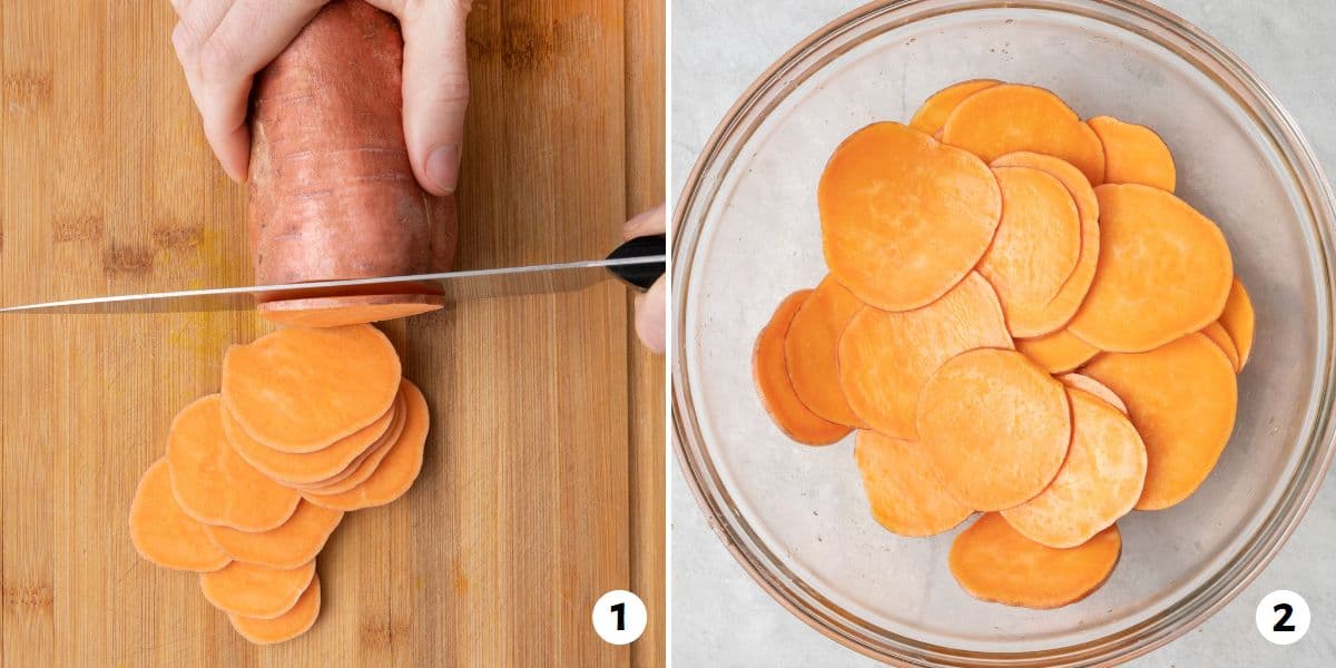 2 image collage slicing potato very thin and then slices in a bowl.