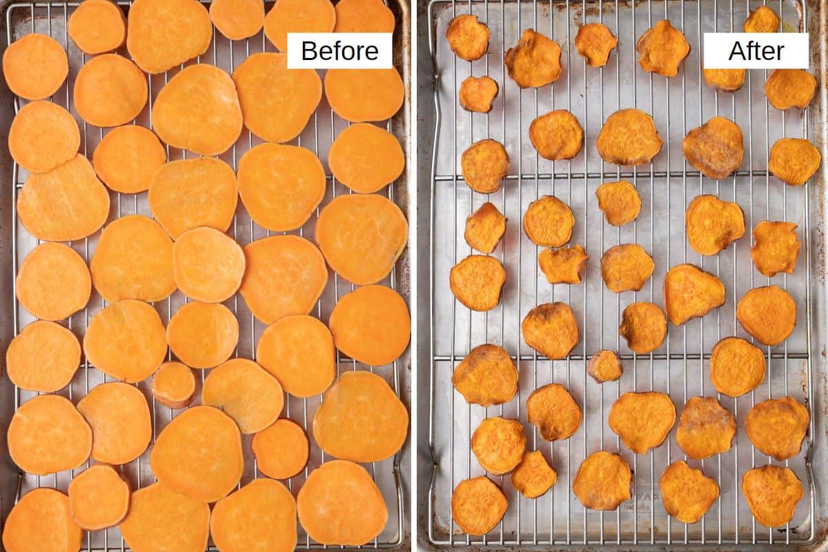 2 image collage of slices on a wire rack on top of a baking sheet before and after baked.