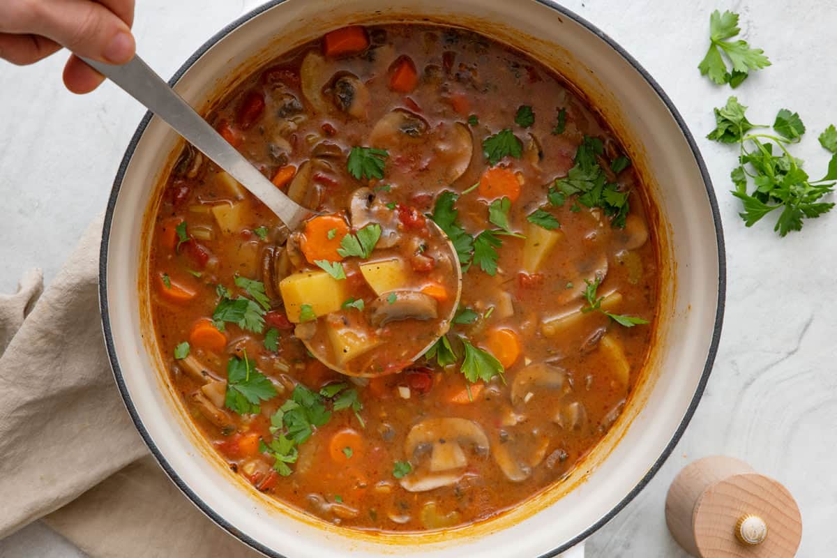 Ladle scooping up some vegetable stew from pot garnished with fresh parsley.