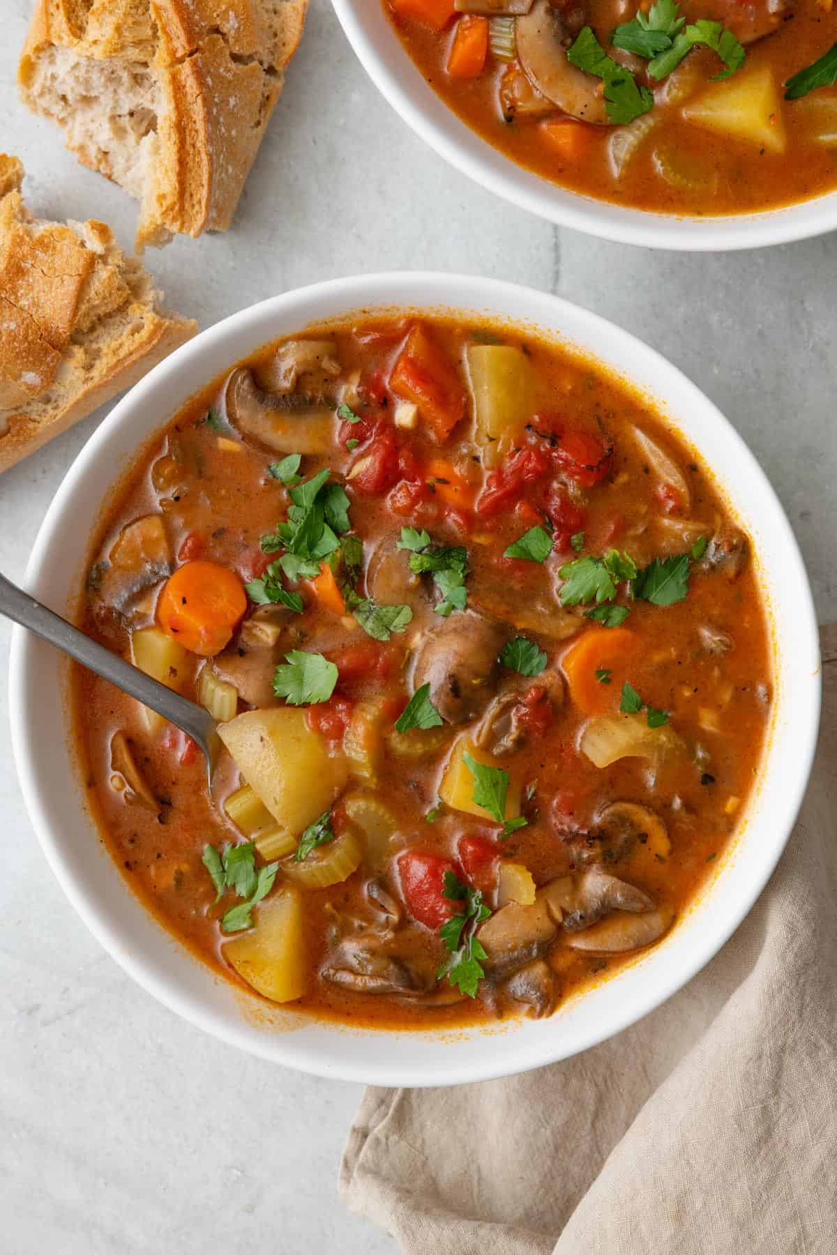 Bowl of Vegetable stew with spoon dipped in, garnished with parsley, and another bowl and bread nearby.