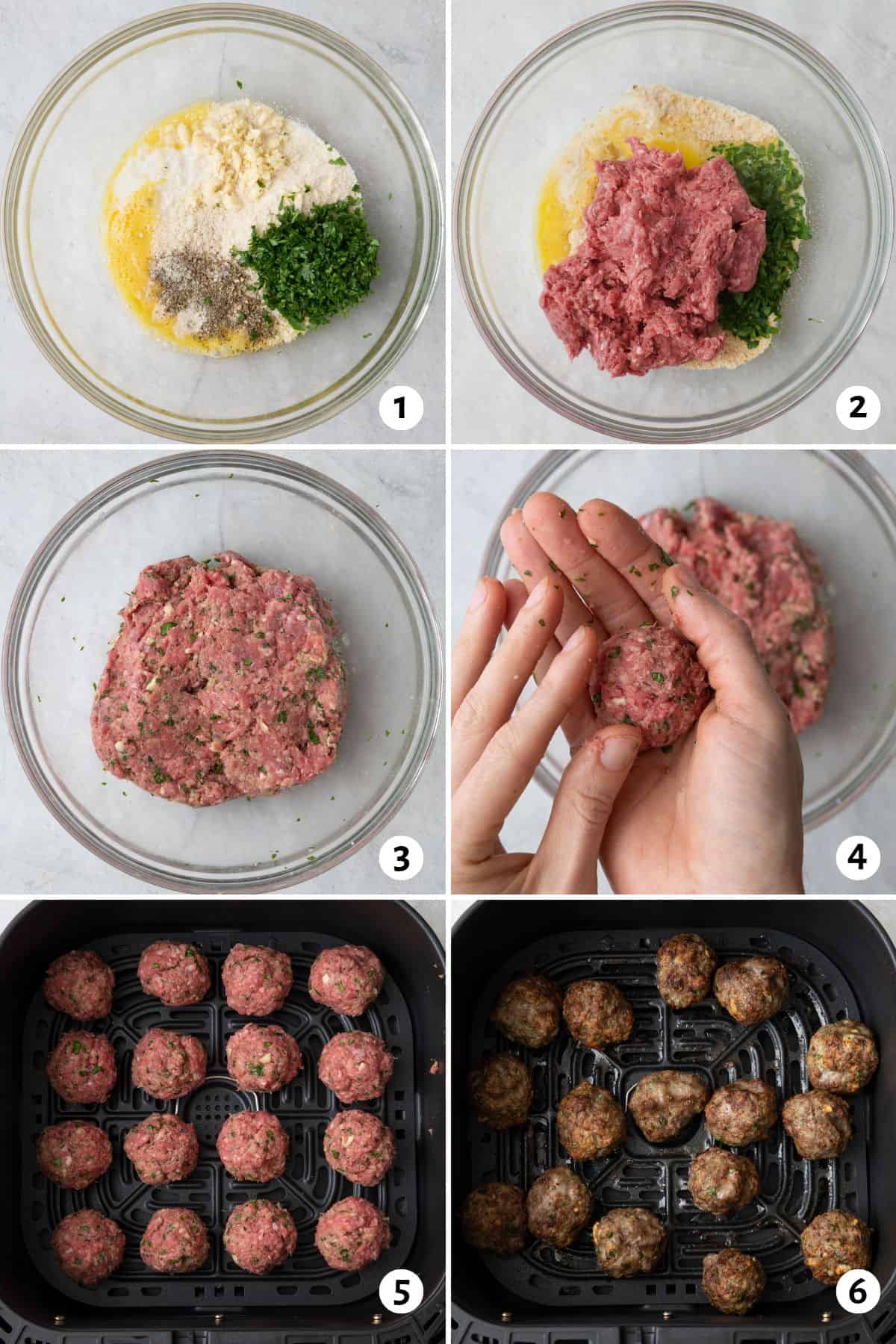 6 image collage making recipe in a bowl and cooking in the air fryer.