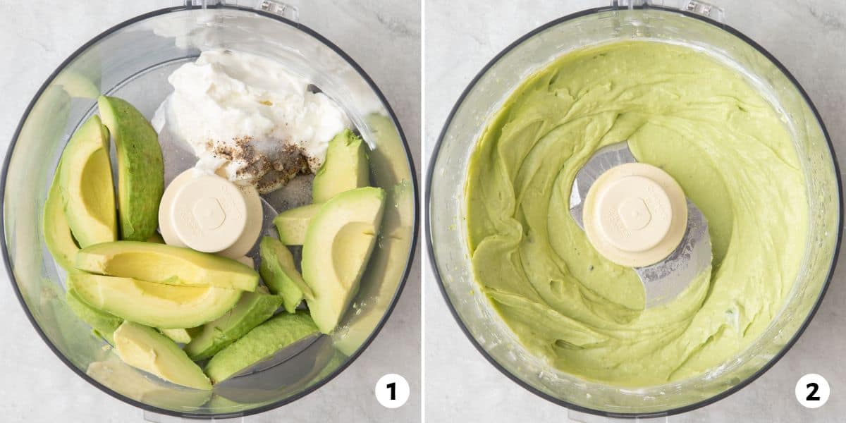 2 image collage of dip ingredients in a food processor before and after being mixed.