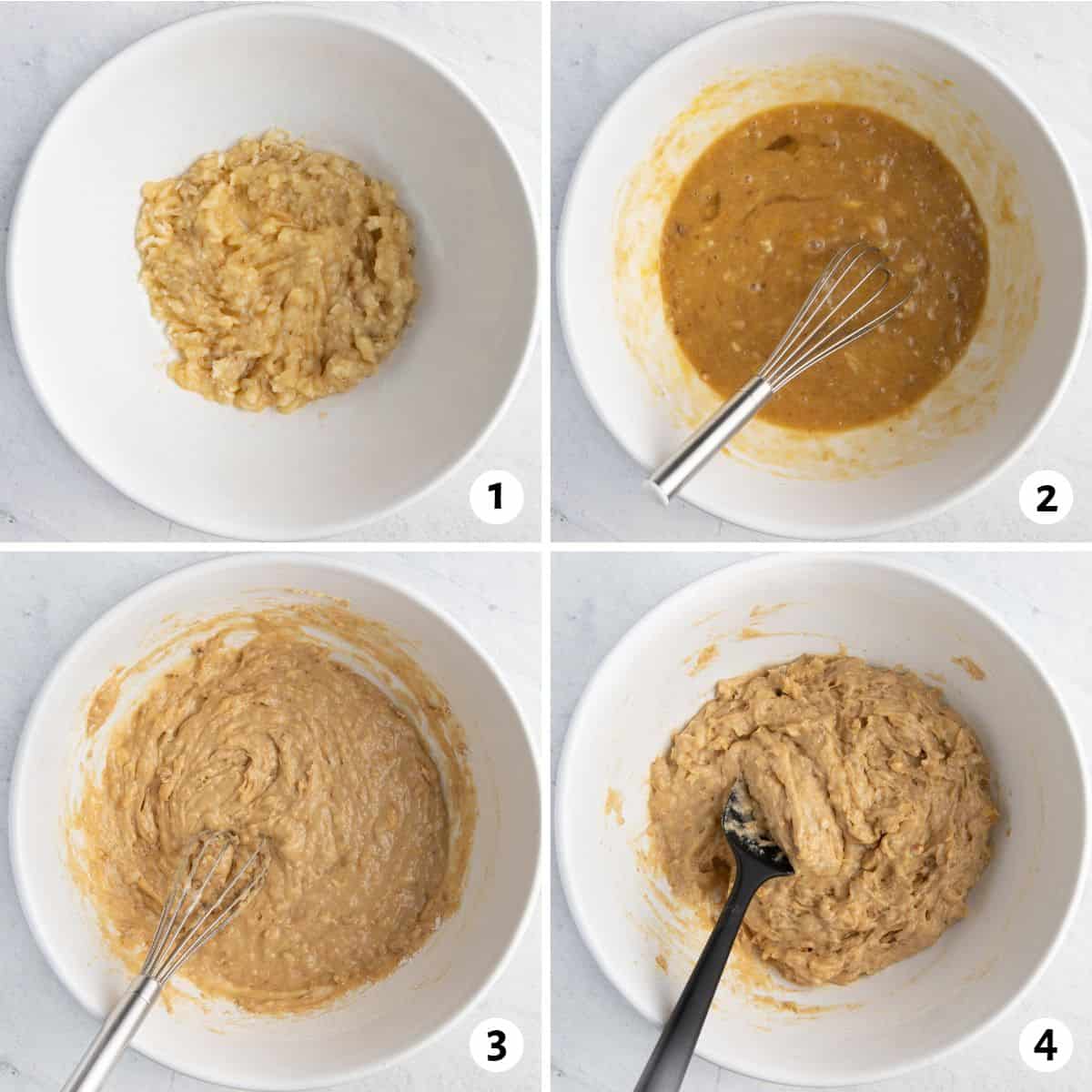 4 image collage mixing batter in one bowl: 1- mashed bananas in bowl, 2-wet ingredients all mixed in, 3- dry ingredients all mixed in, 4-walnuts folded in.