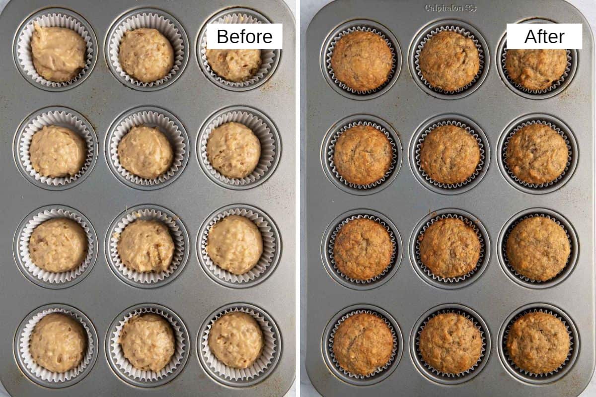 2 image collage of batter dropped into cupcake liners in a 12 cup pan before and after baking.