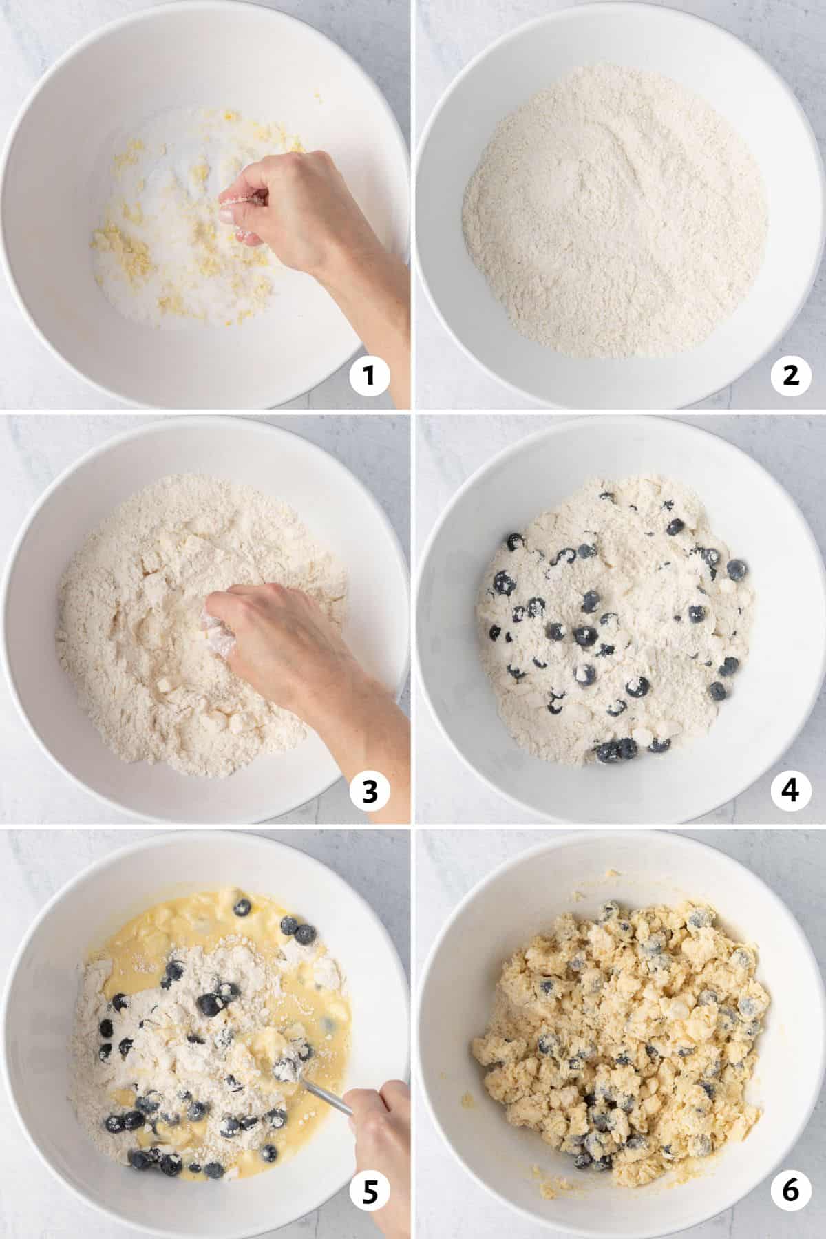 6 image collage making dough in one bowl: hand in bowl massaging lemon zest with sugar, 2- dry ingredients added, 3- hand rubbing butter into flour mixture, 4- blueberries folded in, 5- fork starting to combined wet and dry together, 6- combined completely.