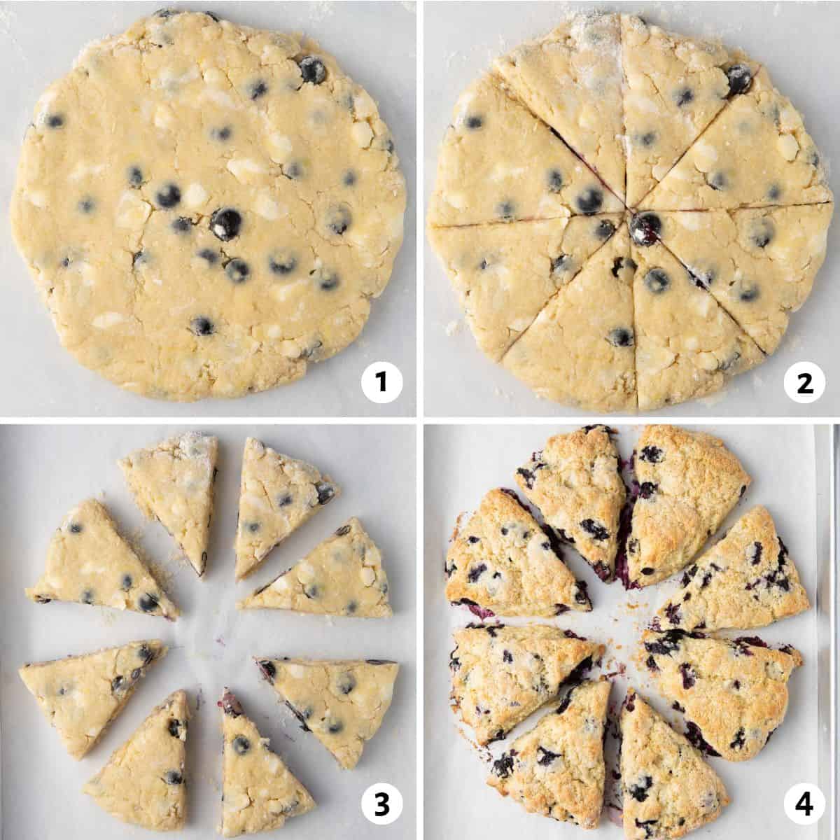 4 image collage showing 1- dough pressed into a round disc, 2- disc cut into 8 triangles, 4- triangles spread out, 4- scones after baking.