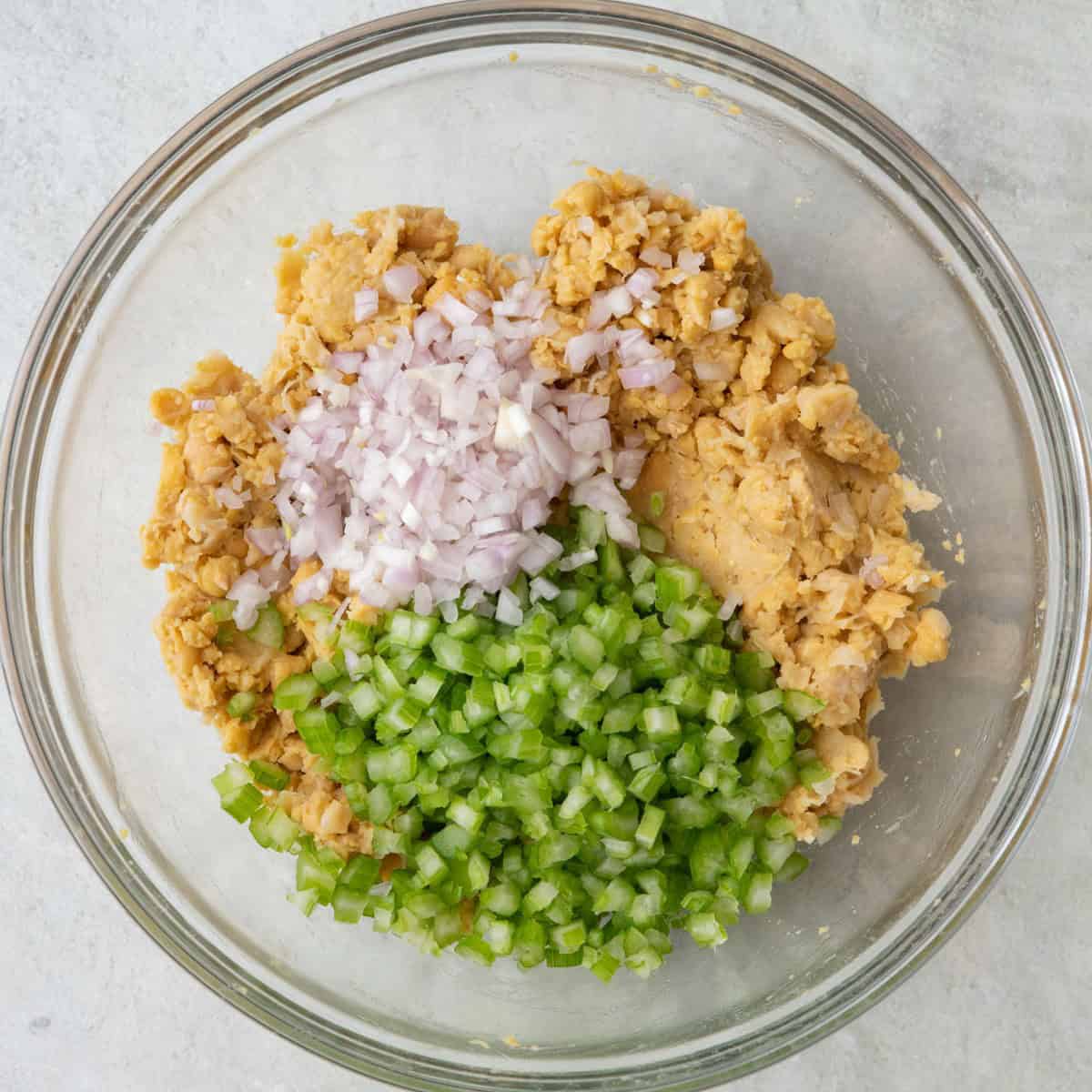 Chickpeas after mashed with celery and shallots added, not mixed.