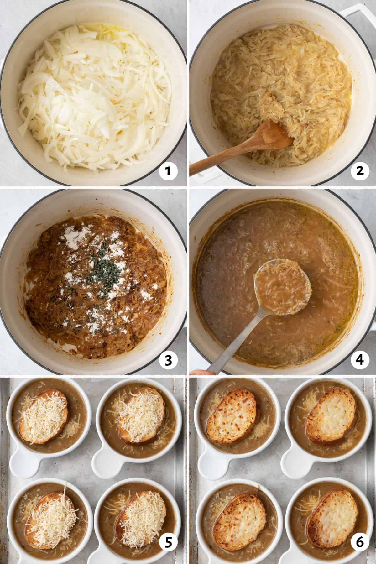 6 image collage make recipe: 1- sliced onions with melted butter being sauteed in large dutch oven, 2- onions after starting to carmalize, 3- deeply caramalized onions with flour and thyme sprinkled in, 4- soup after broth and venegar added after thickened with ladle scooping some up, 5- 4 bowls of soup on a sheet pan with a piece of toasted bread and shredded cheese sprinkled on top, 6- bowls after broiling to show melty cheese.