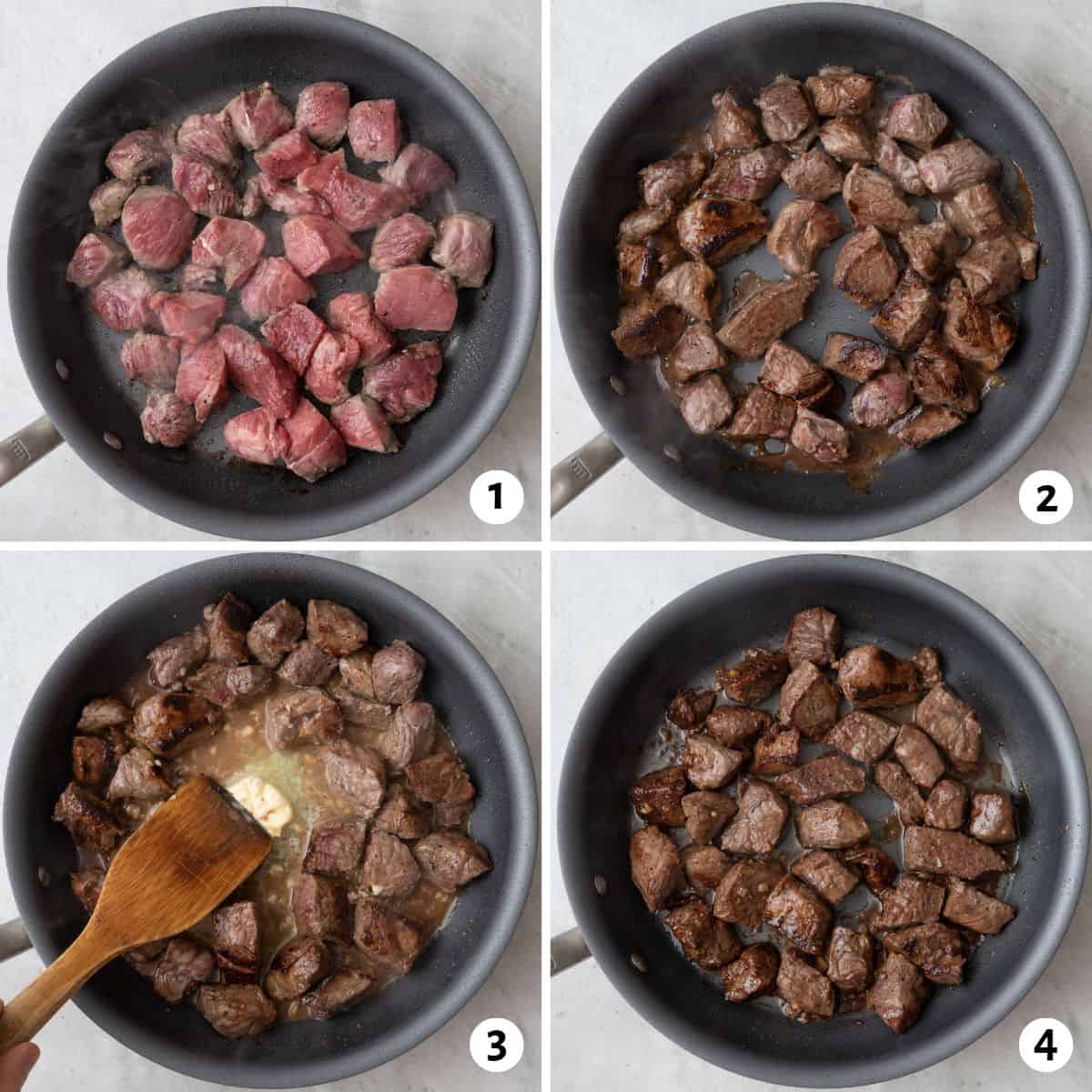 4 image collage making recipe in pan: 1- seasoned steak cubes in a large skillet with one side cooked before flipping, 2- after flipped to show seared brown side, 3-butter being melted and stirred in, 4- after garlic cooked in.