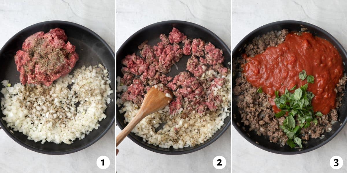 3 image collage making recipe: 1- ground beef, seasonings, and onion in skillet before cooked, 2- wooden spoon breaking up the slightly cooked beef into smaller pieces.